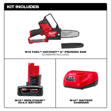 Load image into Gallery viewer, Kit includes M12 FUEL HATCHET 6" Pruning Saw with scabbard, M12 REDLITHIUM XC4.0 battery, and M12 battery charger, all shown in red.
