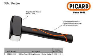 Picard 3lb Sledge Hammer -  Drilling Hammer - Mining Sledge