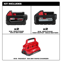 Load image into Gallery viewer, Milwaukee M18 PACKOUT Six Bay Rapid Charger Kit with (2) XC6.0 and (2) XC5.0 Batteries - 48-59-1865POC - product detail